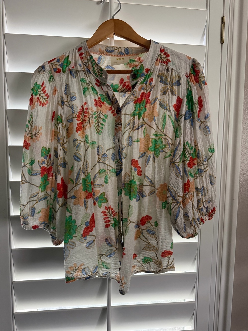 Anthropologie Maeve Kalapana Blouse with Green, Red & Orange Floral Print US 14